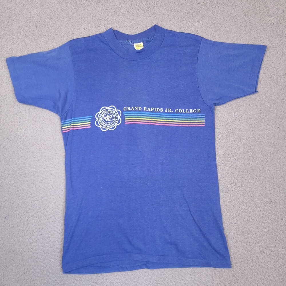 Vintage Grand Rapids Junior College Single Stitch T-Shirt Medium Blue Rainbow
